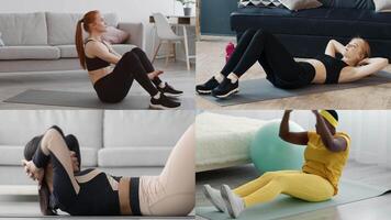 A collection of diverse people performing various athletic workouts indoors, showcasing different exercises aimed at promoting a healthy and active lifestyle. Emphasizing fitness and movement. video