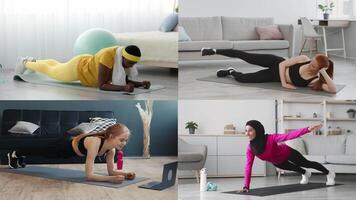 fyra individer av olika bakgrunder prestera annorlunda träna rutiner inomhus, visa upp ett aktiva livsstil och engagemang till kondition. varje person är fokuserade och fast besluten i deras övningar. video