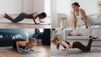 A diverse group participates in various fitness activities indoors, showcasing their athleticism and commitment to a healthy lifestyle. Each individual performs a different exercise to stay fit. video
