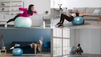 People of different backgrounds participate in athletic workouts using exercise balls in a cozy indoor setting. This collection showcases dynamic fitness routines promoting a healthy lifestyle. video