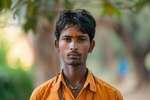 A young man in an orange shirt standing in front of trees photo