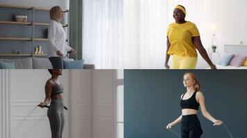 Four individuals engage in various workout routines indoors, showcasing a lively atmosphere in a home environment. They demonstrate athleticism and commitment to a healthy lifestyle. video