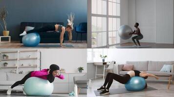 Athletic individuals perform various workouts using exercise balls in a home setting. This lively collage showcases diverse fitness styles, promoting a healthy lifestyle and active routines. video