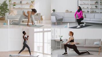 A collection of individuals of different backgrounds participating in various fitness exercises indoors. Each person showcases their dedication to a healthy and active lifestyle. video