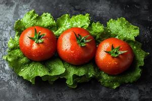 Fresh Tomatoes and Crisp Lettuce Arranged on a Dark Background for Culinary Use photo