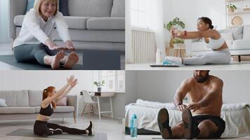 A diverse group of individuals participates in various fitness activities indoors. They focus on stretching and strengthening exercises in a bright, inviting home environment. video
