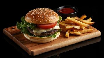 Delicious Gourmet Beef Burger with Fresh Lettuce, Cheese, and Onion Ideal for Food Blogs and Menus photo