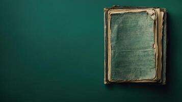 Antique Ledger Book with Detailed Pages on a Solid Forest Green Background Ideal for Historical Themes and Designs photo
