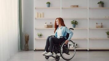 Girl with red hair is seated in a wheelchair, looking out of large windows. The room features minimalistic decor, creating a warm and inviting atmosphere. video