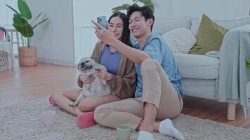A young couple sits comfortably on the floor of their modern living room, smiling as they interact with their smartphone while their dog rests between them, creating a cheerful atmosphere. video