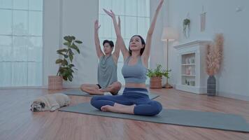 A couple engages in a yoga session in a modern living room filled with natural light. They perform a warrior pose, focusing on balance and alignment, surrounded by a serene atmosphere. video