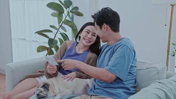 A young couple sits together, smiling and looking at the pregnancy results with joy, while their pug dog relaxes nearby. The bright room is filled with green plants, creating a warm atmosphere. video