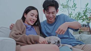 Couple enjoying at home A young couple sits comfortably on the floor of their modern living room, smiling a dog rests between them, creating a cheerful atmosphere. video