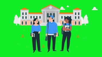 College Students Talking in Front of Campus, Campus Conversation Animation On Green Screen video