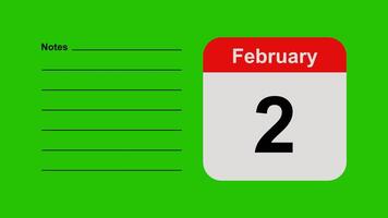 February 2, horizontal Green Screen Calendar Animation with Note Space video