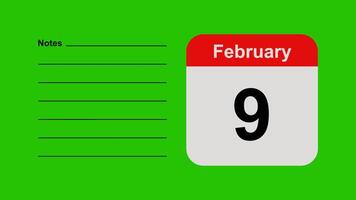 February 9, horizontal Green Screen Calendar Animation with Note Space video