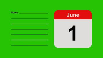 June 1, horizontal Green Screen Calendar Animation with Note Space video