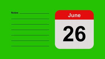 June 26, horizontal Green Screen Calendar Animation with Note Space video