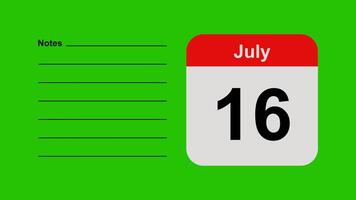 julio dieciséis, horizontal verde pantalla calendario animación con Nota espacio video