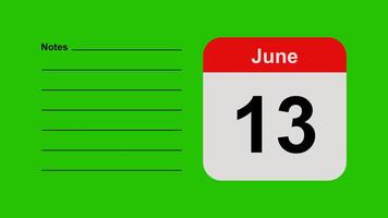 June 13, horizontal Green Screen Calendar Animation with Note Space video