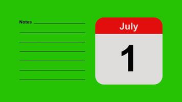 July 1, horizontal Green Screen Calendar Animation with Note Space video