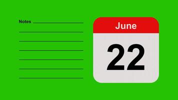 June 22, horizontal Green Screen Calendar Animation with Note Space video