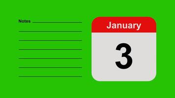 January 3, horizontal Green Screen Calendar Animation with Note Space video