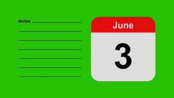 June 3, horizontal Green Screen Calendar Animation with Note Space video