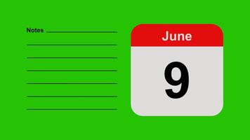 June 9, horizontal Green Screen Calendar Animation with Note Space video