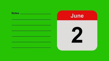 June 2, horizontal Green Screen Calendar Animation with Note Space video