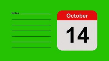 October 14, horizontal Green Screen Calendar Animation with Note Space video