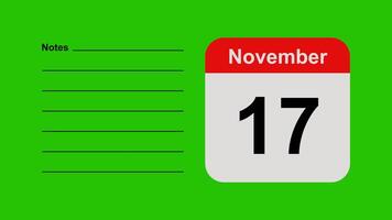 November 17, horizontal Green Screen Calendar Animation with Note Space video