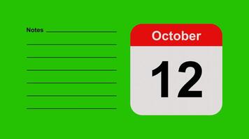 October 12, horizontal Green Screen Calendar Animation with Note Space video