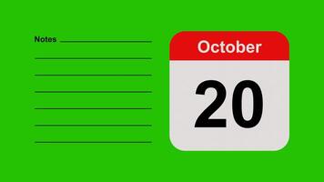 October 20, horizontal Green Screen Calendar Animation with Note Space video
