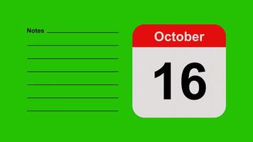 October 16, horizontal Green Screen Calendar Animation with Note Space video