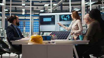 Photovoltaics plant researchers conduct performance analysis on solar cells to identify material weaknesses and improve overall energy output, optimizing designs for better energy absorption, camera A video