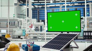 Chroma key mockup monitor in empty photovoltaics factory used to diagnose malfunctioning systems. Isolated screen display in solar panels manufacturing plant used for alerting in case of downtime video