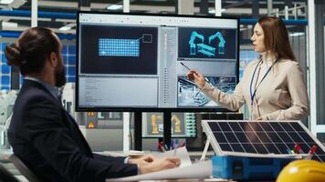 Scientists conduct experiments on PV materials to improve solar panel efficiency. Photovoltaics factory research and development department experts working on renewable energy solutions, camera B video