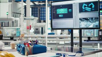 Display in empty photovoltaics factory monitoring system performance. Monitor in sustainable solar panels manufacturing plant tracking energy production and efficiency, dolly out shot video