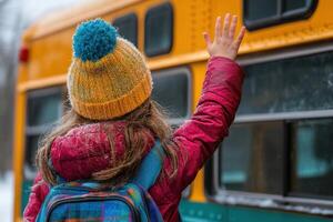 Child Waving Goodbye While Boarding a School Bus for a New Adventure photo