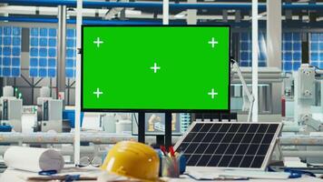 Isolated screen display in photovoltaics factory used to monitor performance of robot arms manufacturing solar panels. Chroma key mockup monitor in empty facility used to inspect solar plant machinery video