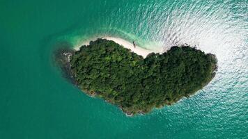 Drone shot of a sailboat floating around an exotic heart shaped small island, amazing shape with palm trees and a sandy beach around the turquoise waters. Tropical landscape. video