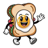 Walking sandwich cartoon with a smiling egg yolk face, bold outline style, isolated on white background vector