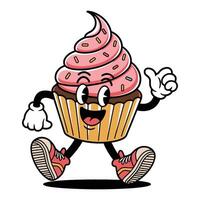 Retro cartoon cupcake character happily walking with cheerful expression and sprinkles on top vector