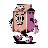 Cheerful retro character of walking milk carton with arms and legs enjoying playful stroll in cartoon style vector