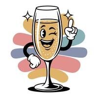 Happy champagne glass cartoon character winking and pointing on colorful background vector
