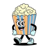 Cartoon-style smiling popcorn character with arms and legs in colorful striped box, shown on plain white background vector