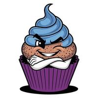 Retro cartoon character of mischievous cupcake with blue frosting and cheeky expression in playful design vector