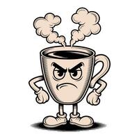 Retro cartoon character of an angry coffee mug with steam rising, expressing frustration vector
