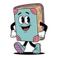 retro book character with a cheerful face, arms, and legs, walking in sneakers vector